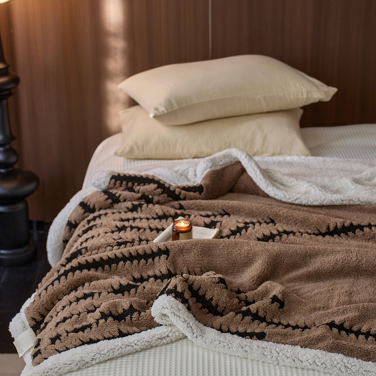 91家纺网 家纺一手货源 找家纺 安莱生活 2025新款阳离子羊羔绒200克毛毯--云杉系列 云杉-摩卡