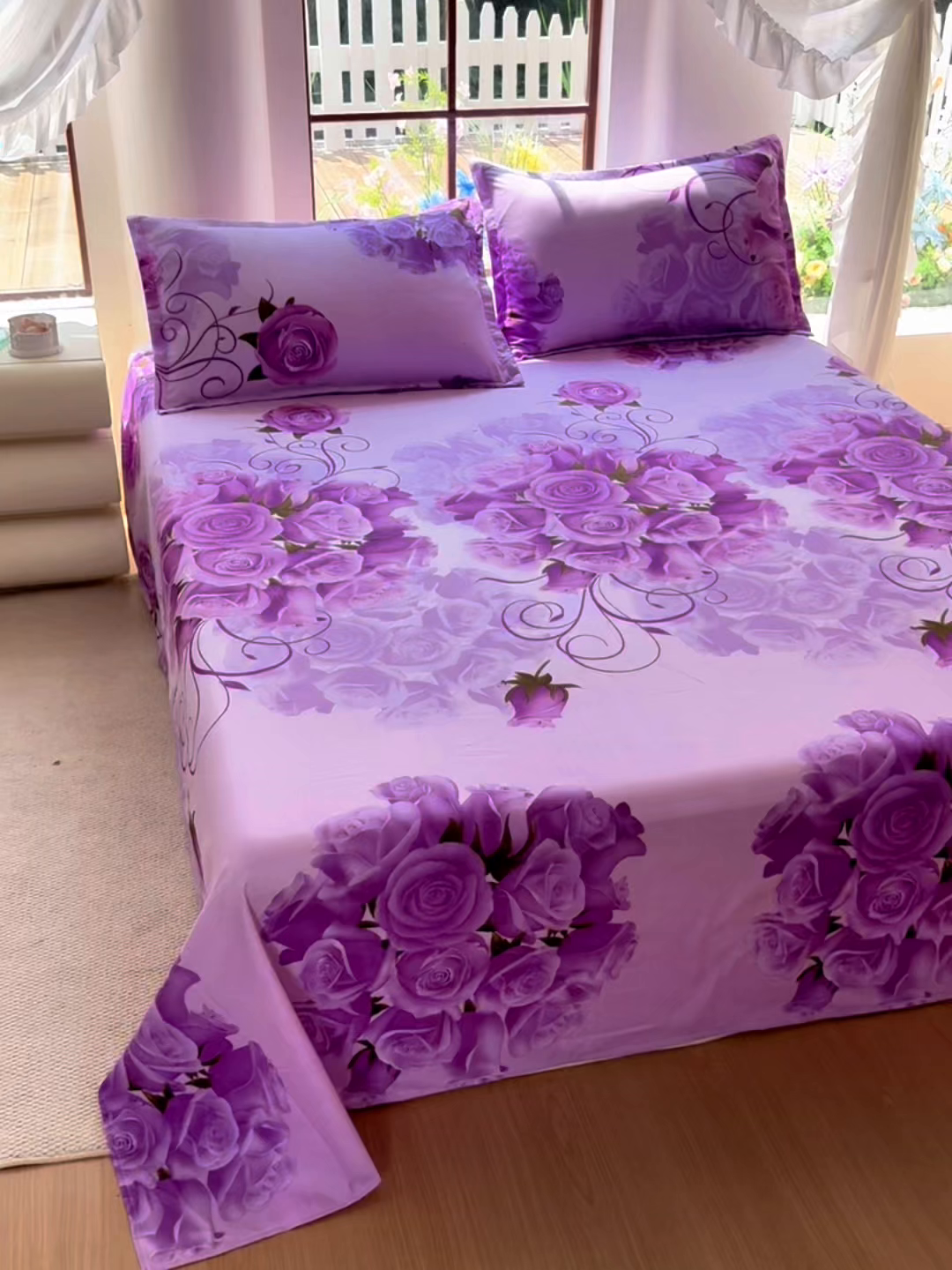 91家纺网 家纺一手货源 找家纺 梵巢家纺 2025新款加厚芦荟棉床单磨毛化纤床单 紫气东来