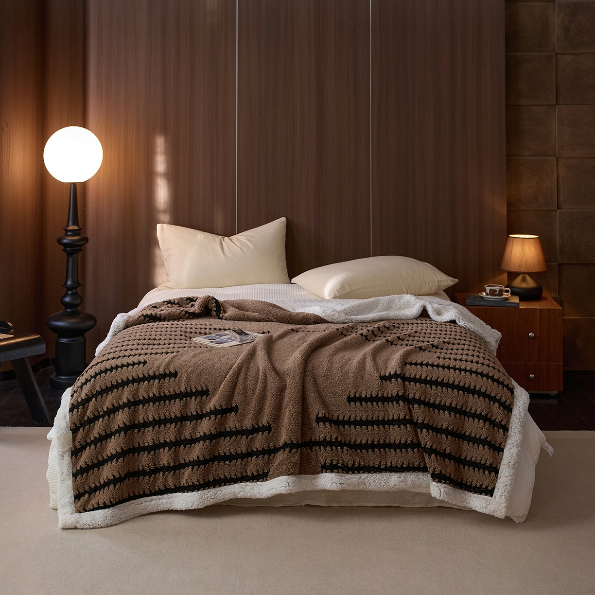 91家纺网 家纺一手货源 找家纺 安莱生活 2025新款阳离子羊羔绒200克毛毯--云杉系列 云杉-摩卡