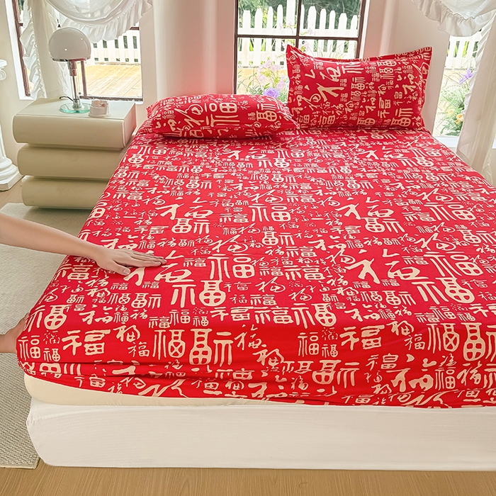 91家纺网 家纺一手货源 找家纺 梵巢家纺 芦荟棉床笠单床笠，外贸跨境单床笠磨毛床笠印花床笠床笠三件套 福气满满