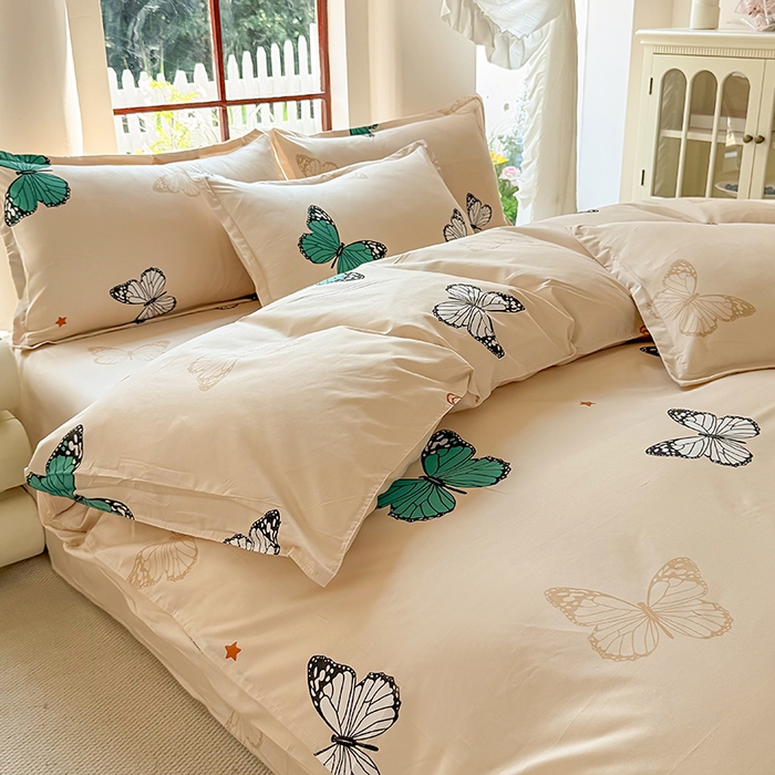 91家纺网 家纺一手货源 找家纺 梵巢家纺 2025新款芦荟棉四件套和单品印花四件套 床笠款四件套 蝶舞飞扬