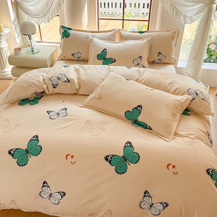 91家纺网 家纺一手货源 找家纺 梵巢家纺 2025新款芦荟棉四件套和单品印花四件套 床笠款四件套 蝶舞飞扬