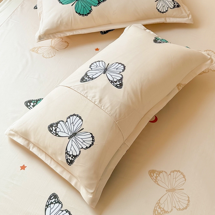 91家纺网 家纺一手货源 找家纺 梵巢家纺 2025新款芦荟棉四件套和单品印花四件套 床笠款四件套 蝶舞飞扬