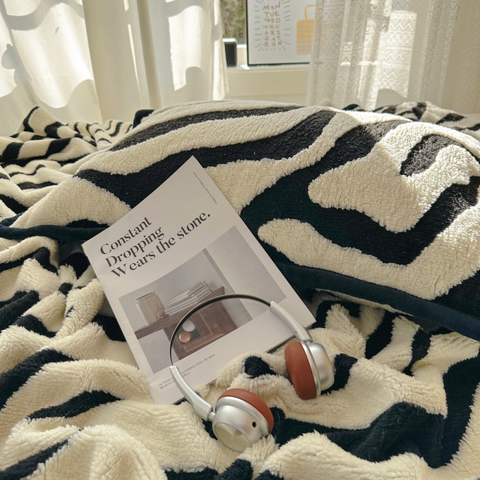 91家纺网 家纺一手货源 找家纺 春光里 2025新款双面阳离子毛毯 黑白条纹