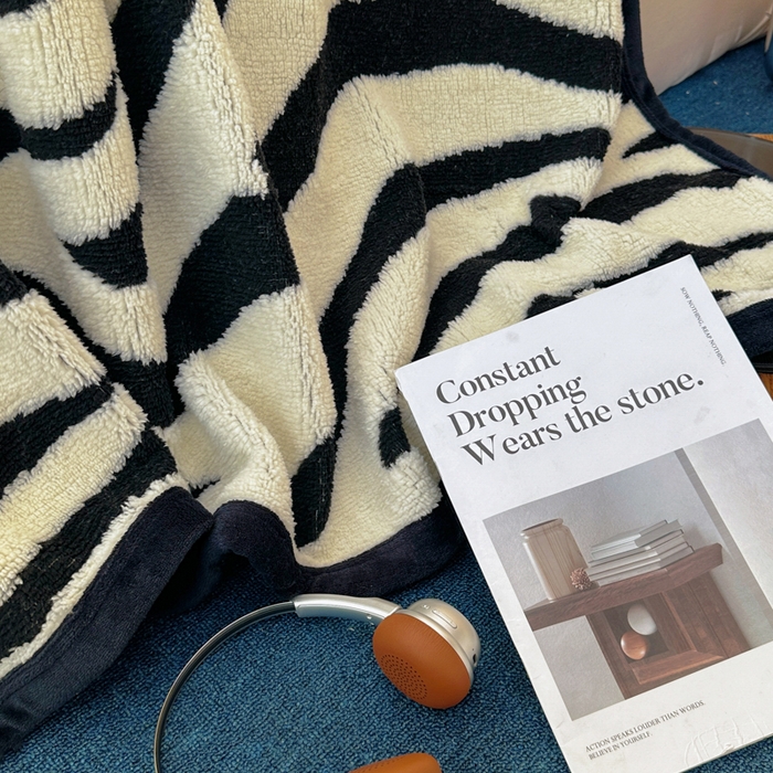 91家纺网 家纺一手货源 找家纺 春光里 2025新款双面阳离子毛毯 黑白条纹