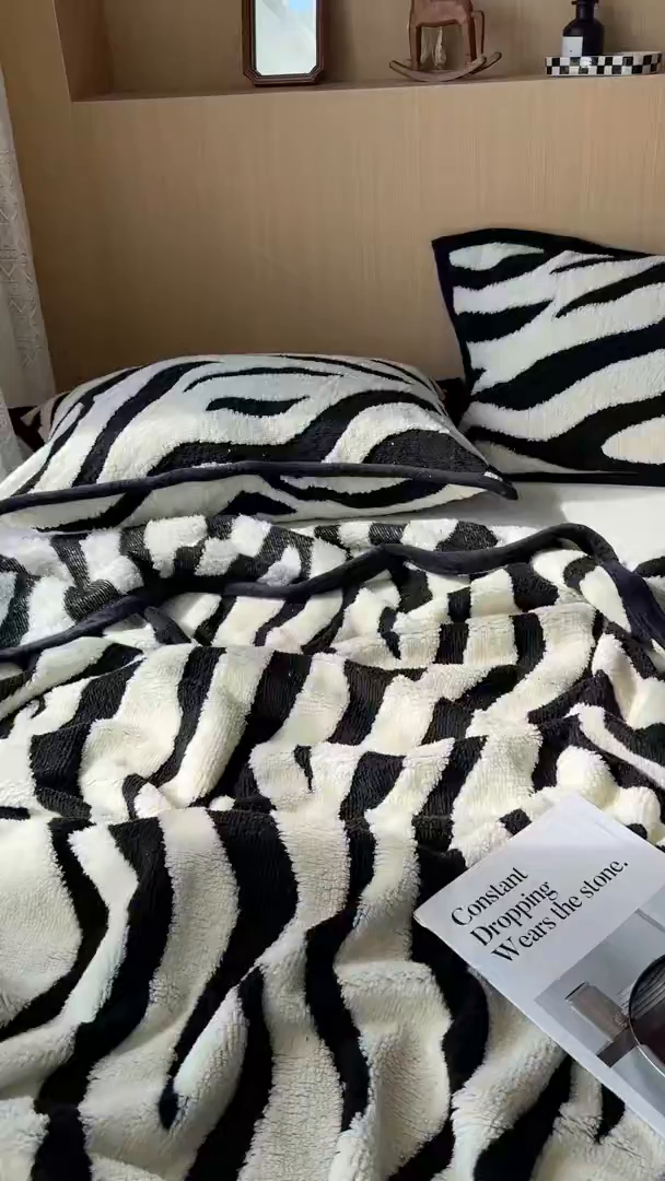 91家纺网 家纺一手货源 找家纺 春光里 2025新款双面阳离子毛毯 黑白条纹