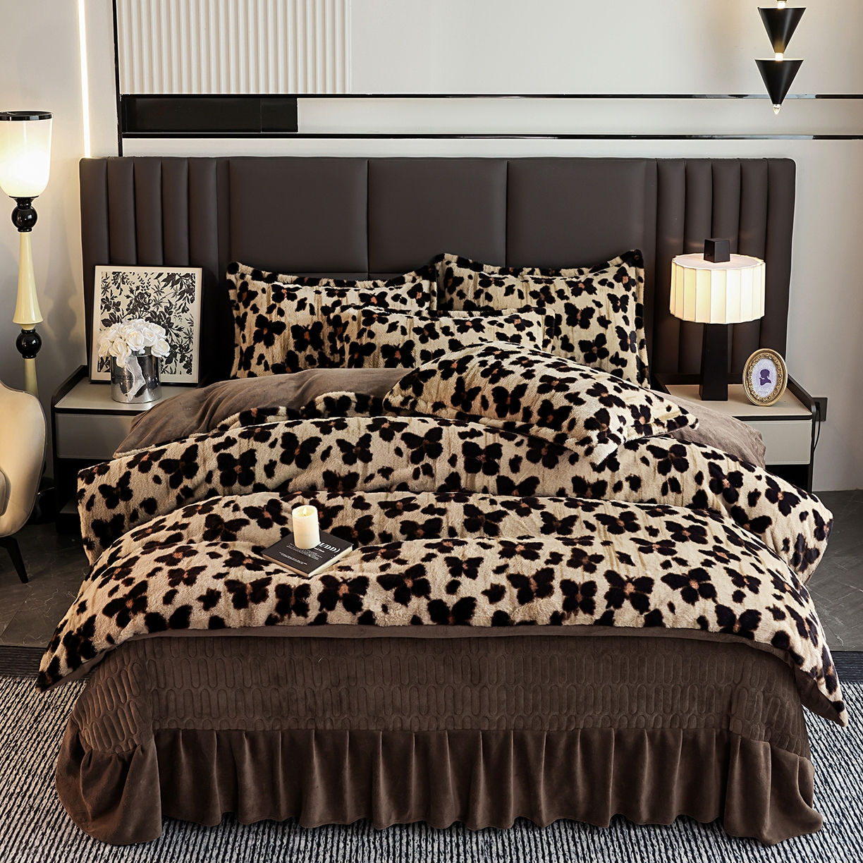 91家纺网 家纺一手货源 找家纺 提花大世界 2025新款轻奢法式加厚美拉德系列高克重兔绒牛奶绒床盖床单床笠款四件套 蝶豹-咖