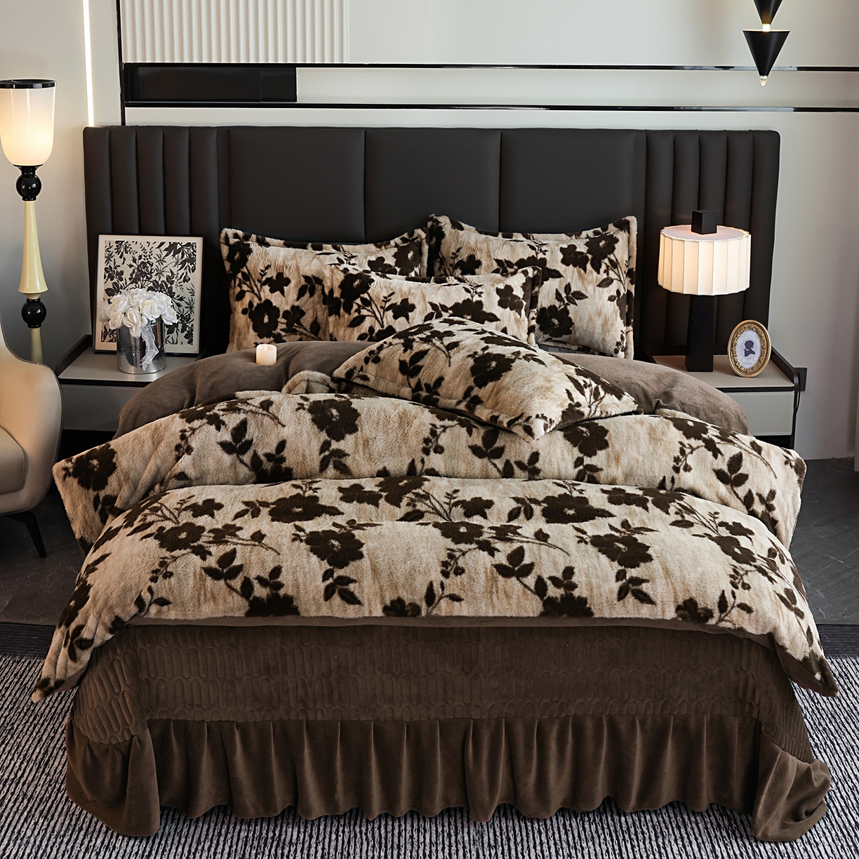 91家纺网 家纺一手货源 找家纺 提花大世界 2025新款轻奢法式加厚美拉德系列高克重兔绒牛奶绒床盖床单床笠款四件套 简爱-咖