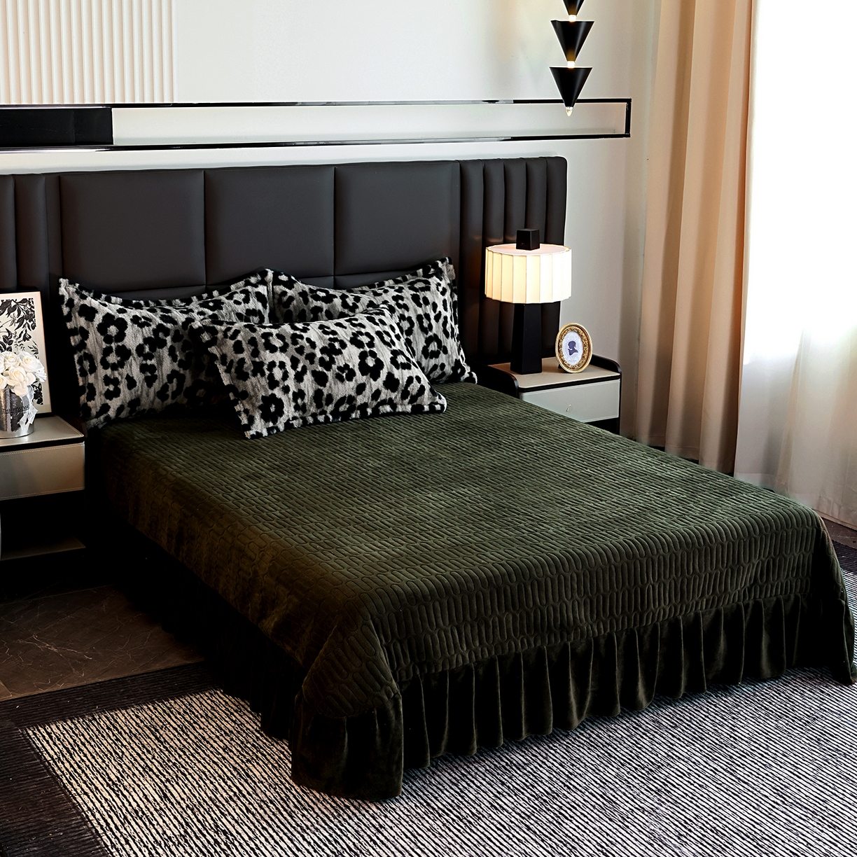 91家纺网 家纺一手货源 找家纺 提花大世界 2025新款轻奢法式加厚美拉德系列高克重兔绒牛奶绒床盖床单床笠款四件套 法式豹纹-灰