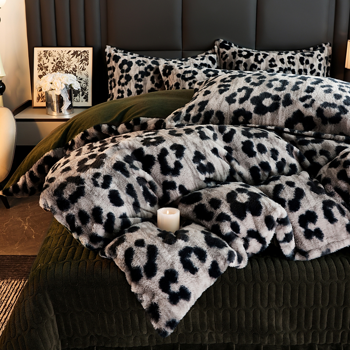 91家纺网 家纺一手货源 找家纺 提花大世界 2025新款轻奢法式加厚美拉德系列高克重兔绒牛奶绒床盖床单床笠款四件套 法式豹纹-灰