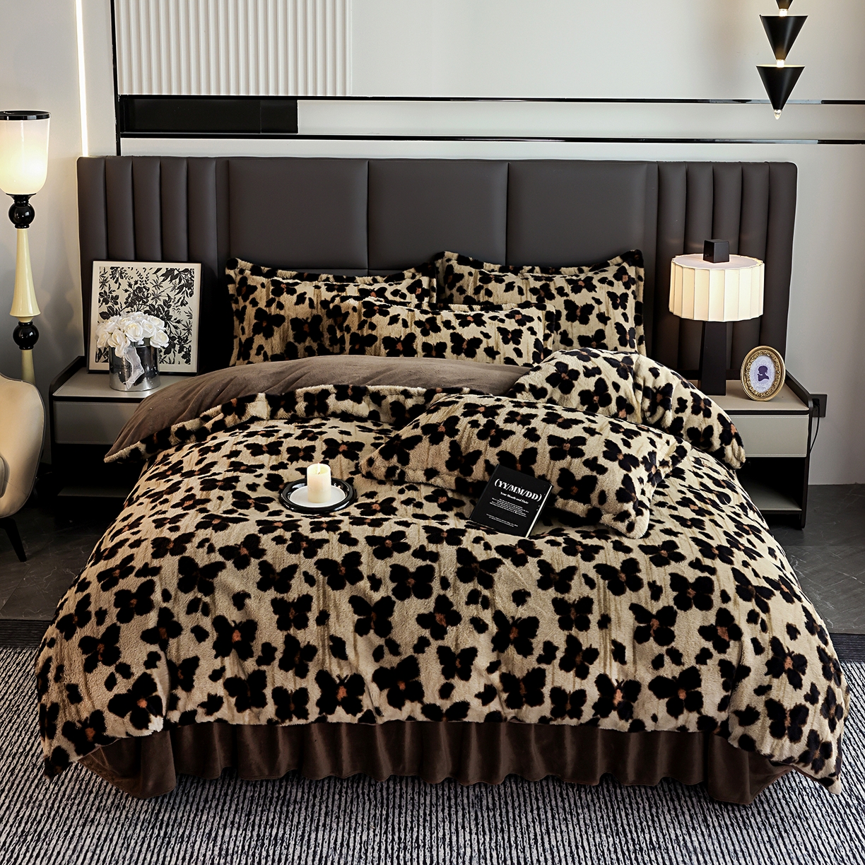 91家纺网 家纺一手货源 找家纺 提花大世界 2025新款轻奢法式加厚美拉德系列高克重兔绒牛奶绒床盖床单床笠款四件套 蝶豹-咖