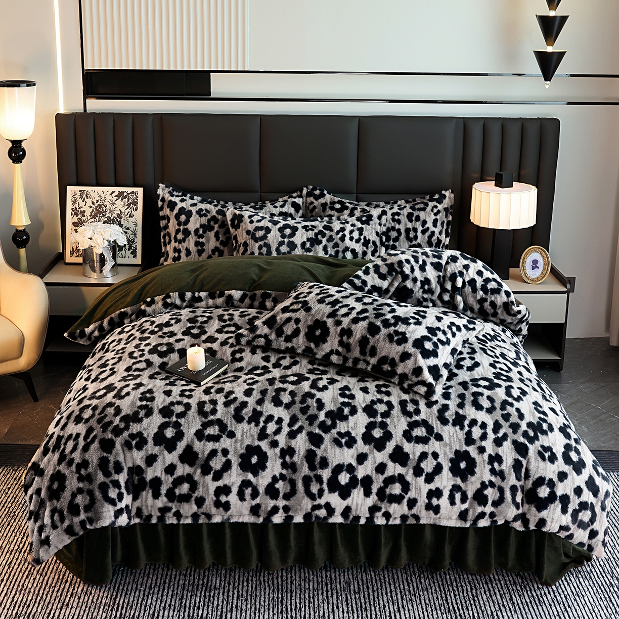 91家纺网 家纺一手货源 找家纺 提花大世界 2025新款轻奢法式加厚美拉德系列高克重兔绒牛奶绒床盖床单床笠款四件套 法式豹纹-灰