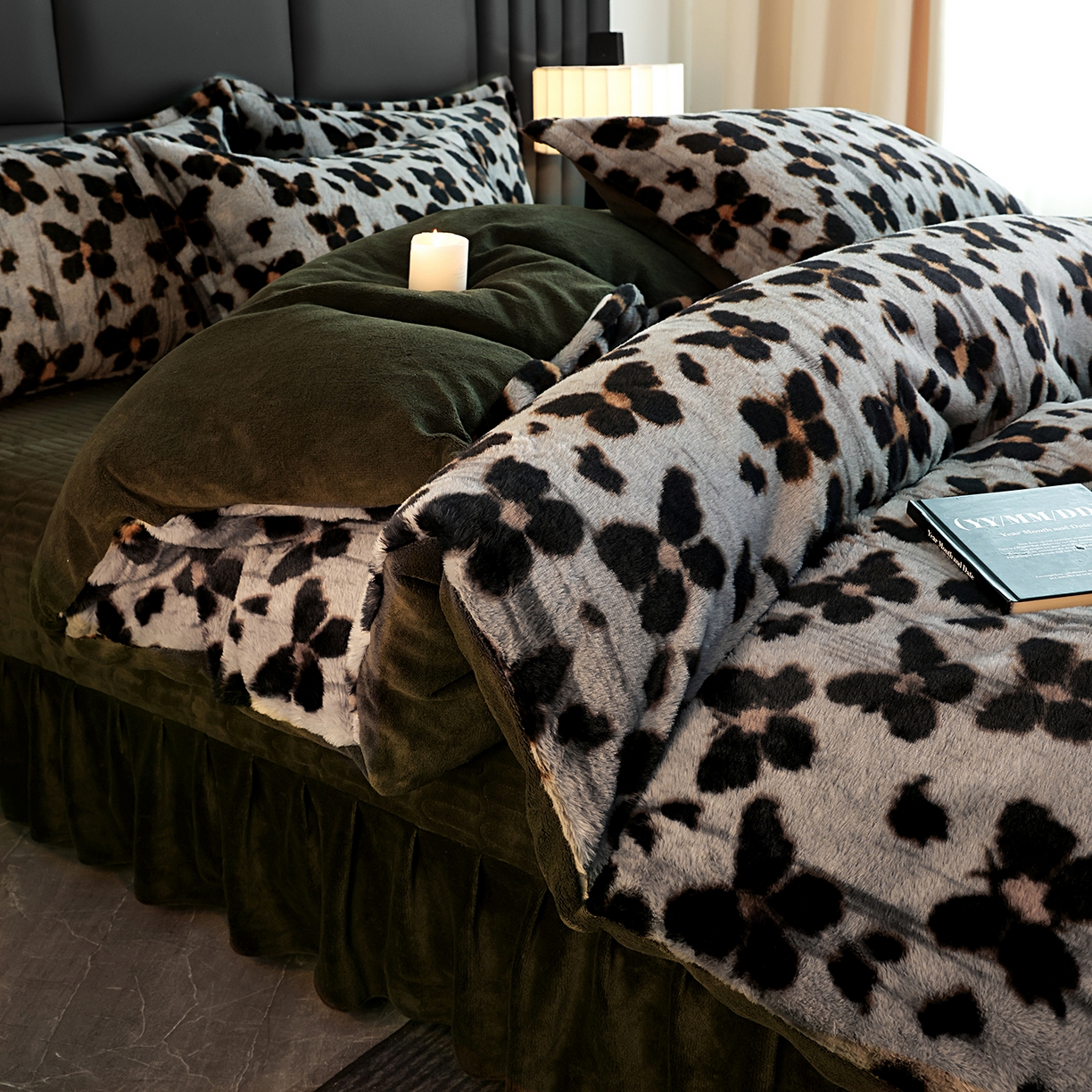 91家纺网 家纺一手货源 找家纺 提花大世界 2025新款轻奢法式加厚美拉德系列高克重兔绒牛奶绒床盖床单床笠款四件套 蝶豹-灰