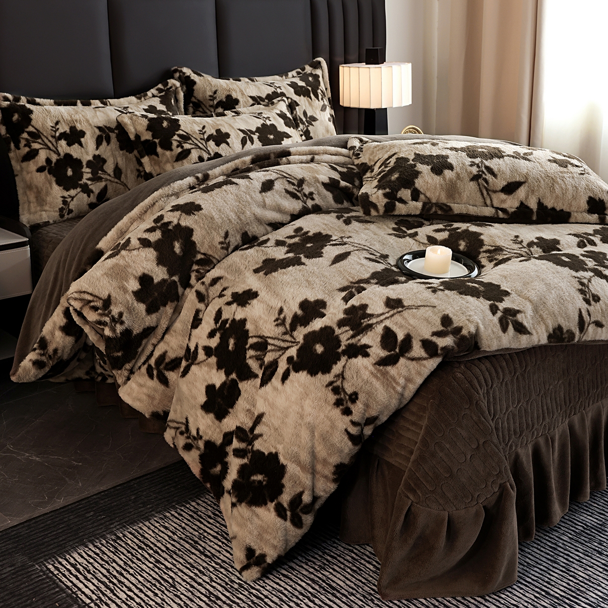 91家纺网 家纺一手货源 找家纺 提花大世界 2025新款轻奢法式加厚美拉德系列高克重兔绒牛奶绒床盖床单床笠款四件套 简爱-咖