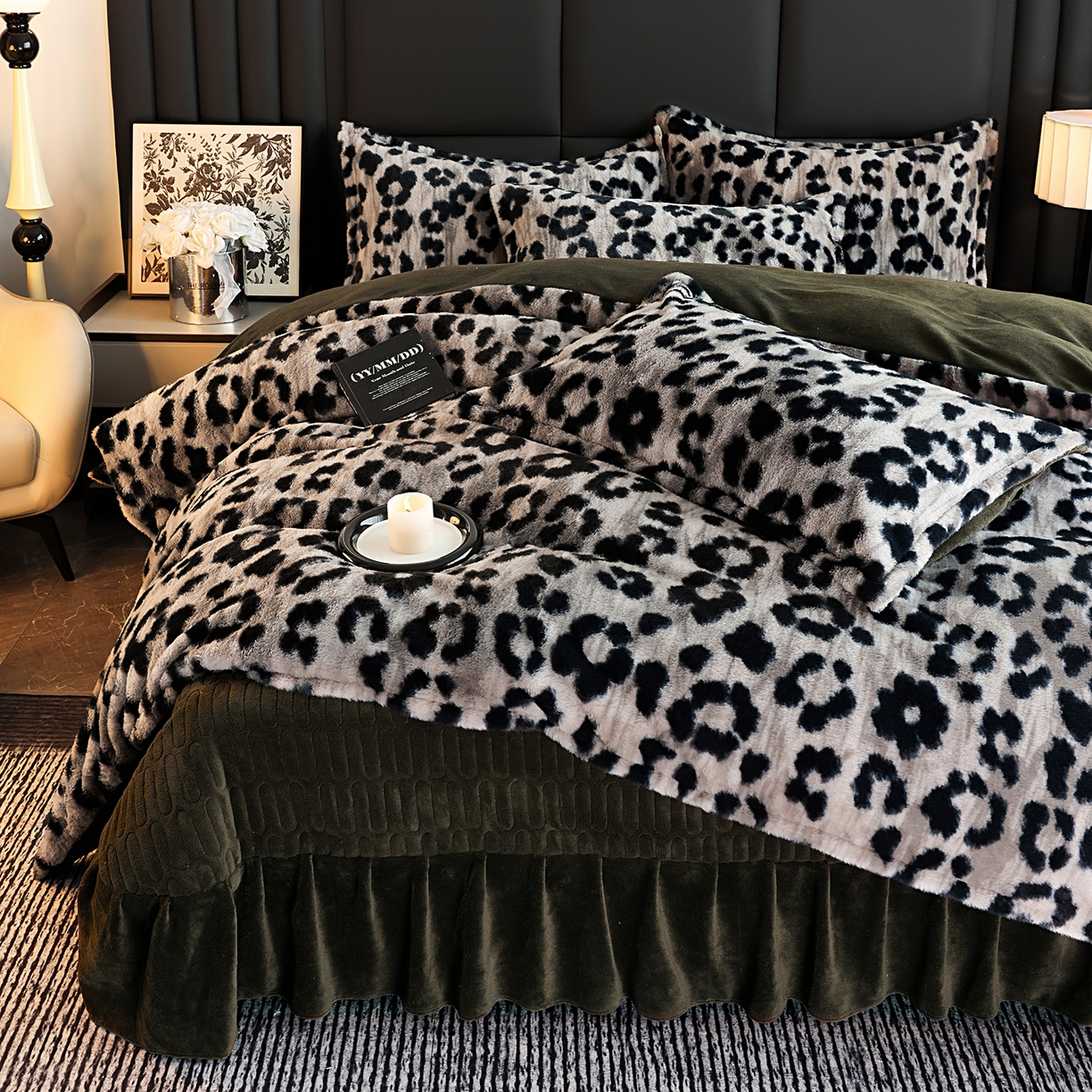 91家纺网 家纺一手货源 找家纺 提花大世界 2025新款轻奢法式加厚美拉德系列高克重兔绒牛奶绒床盖床单床笠款四件套 法式豹纹-灰