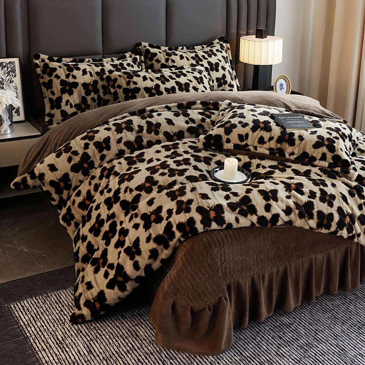 91家纺网 家纺一手货源 找家纺 提花大世界 2025新款轻奢法式加厚美拉德系列高克重兔绒牛奶绒床盖床单床笠款四件套 蝶豹-咖