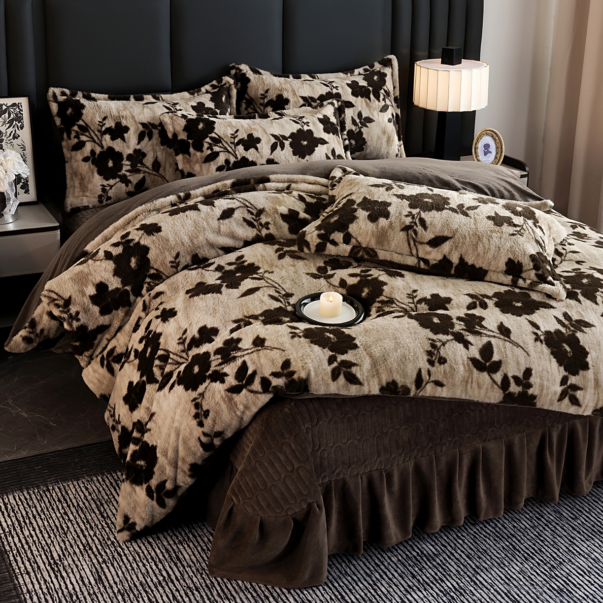 91家纺网 家纺一手货源 找家纺 提花大世界 2025新款轻奢法式加厚美拉德系列高克重兔绒牛奶绒床盖床单床笠款四件套 简爱-咖