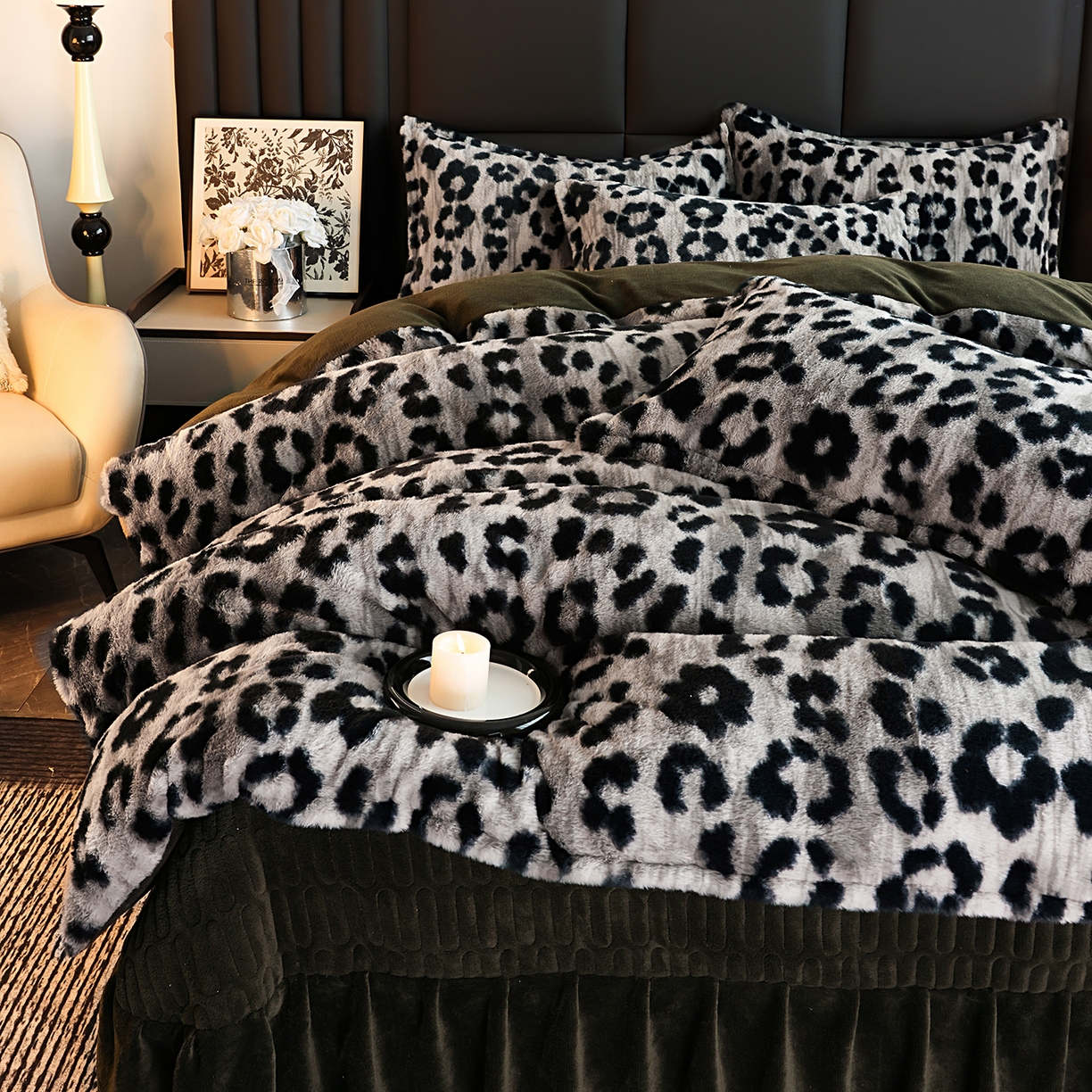 91家纺网 家纺一手货源 找家纺 提花大世界 2025新款轻奢法式加厚美拉德系列高克重兔绒牛奶绒床盖床单床笠款四件套 法式豹纹-灰