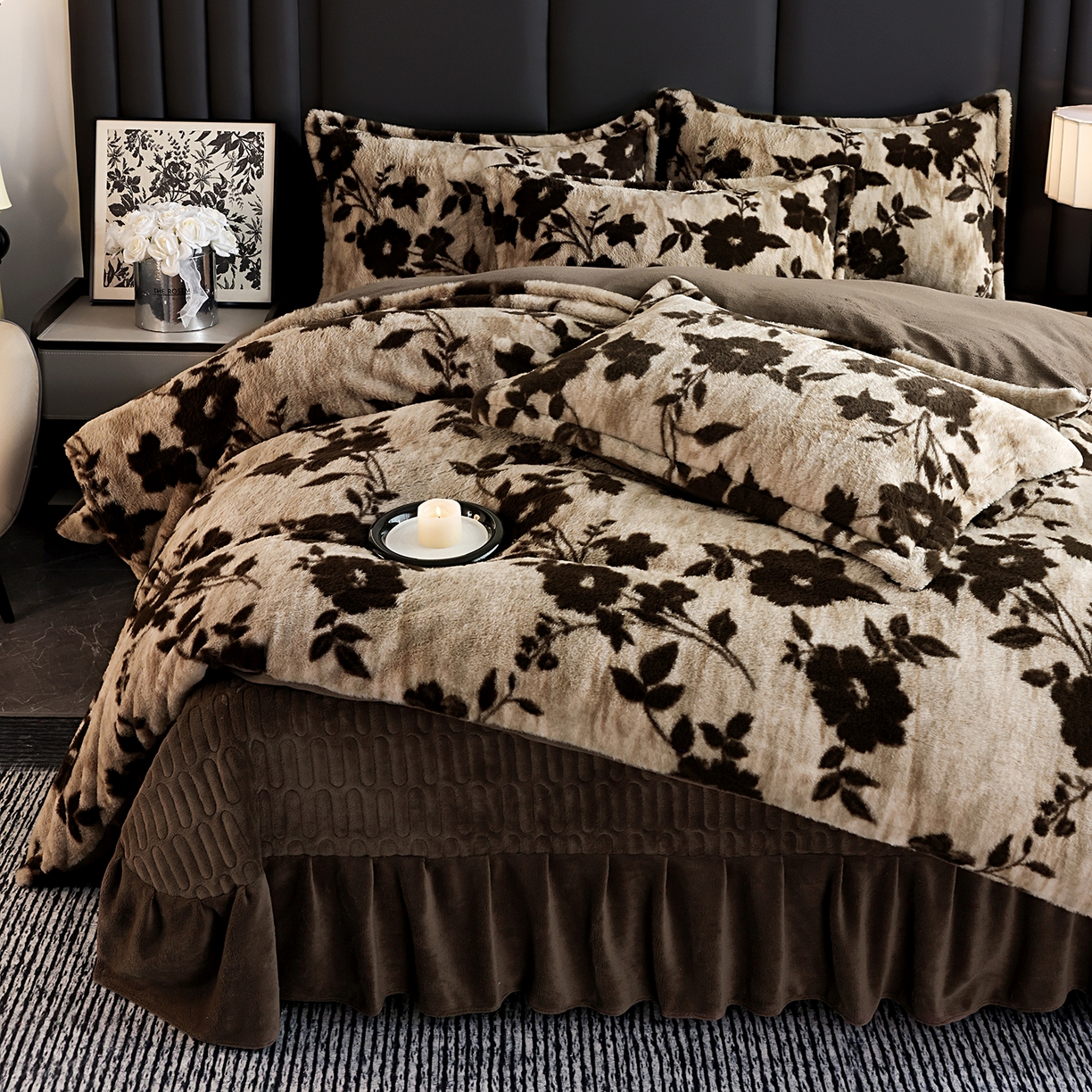 91家纺网 家纺一手货源 找家纺 提花大世界 2025新款轻奢法式加厚美拉德系列高克重兔绒牛奶绒床盖床单床笠款四件套 简爱-咖