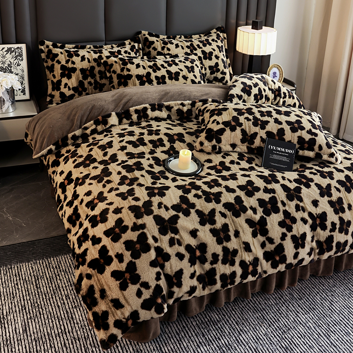 91家纺网 家纺一手货源 找家纺 提花大世界 2025新款轻奢法式加厚美拉德系列高克重兔绒牛奶绒床盖床单床笠款四件套 蝶豹-咖