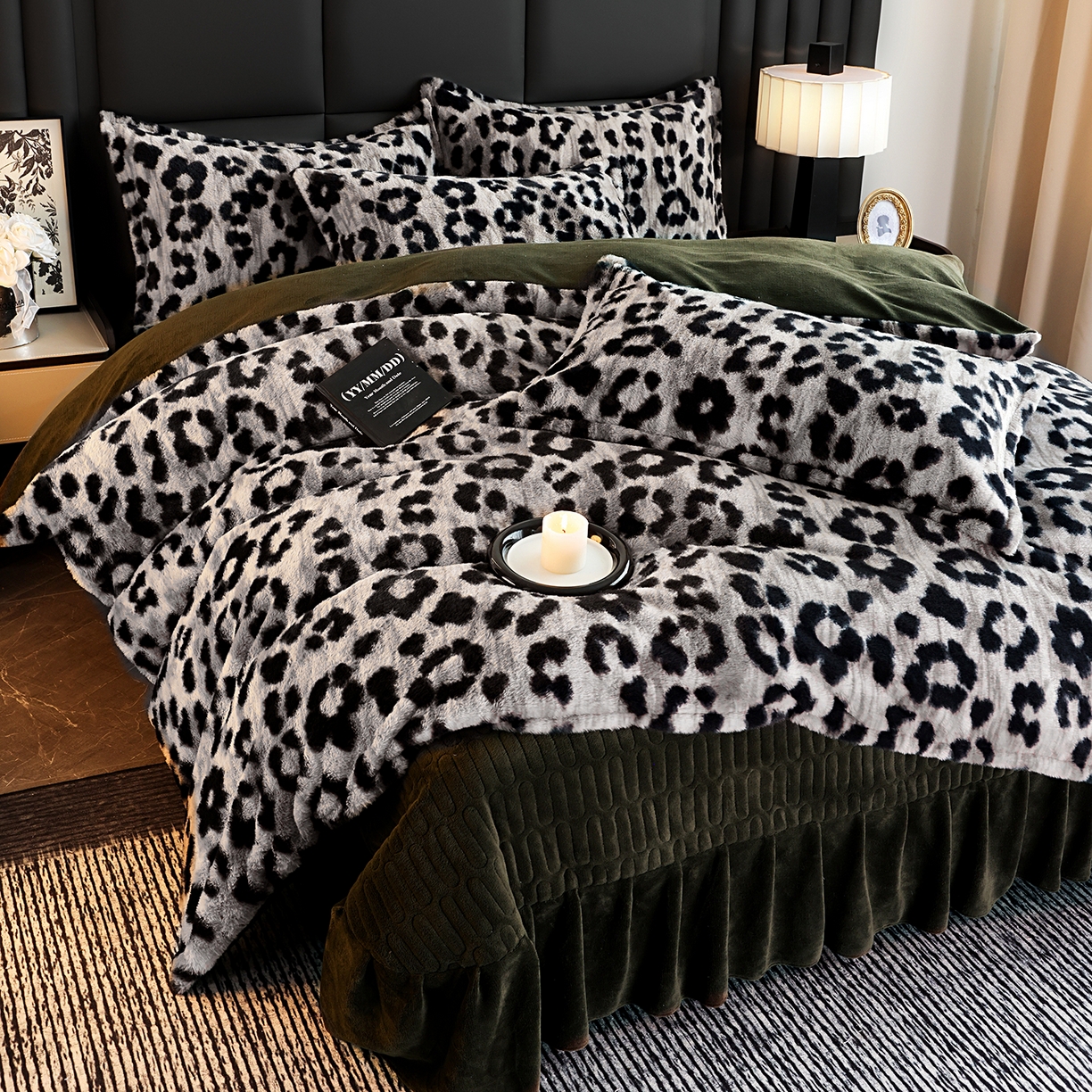 91家纺网 家纺一手货源 找家纺 提花大世界 2025新款轻奢法式加厚美拉德系列高克重兔绒牛奶绒床盖床单床笠款四件套 法式豹纹-灰