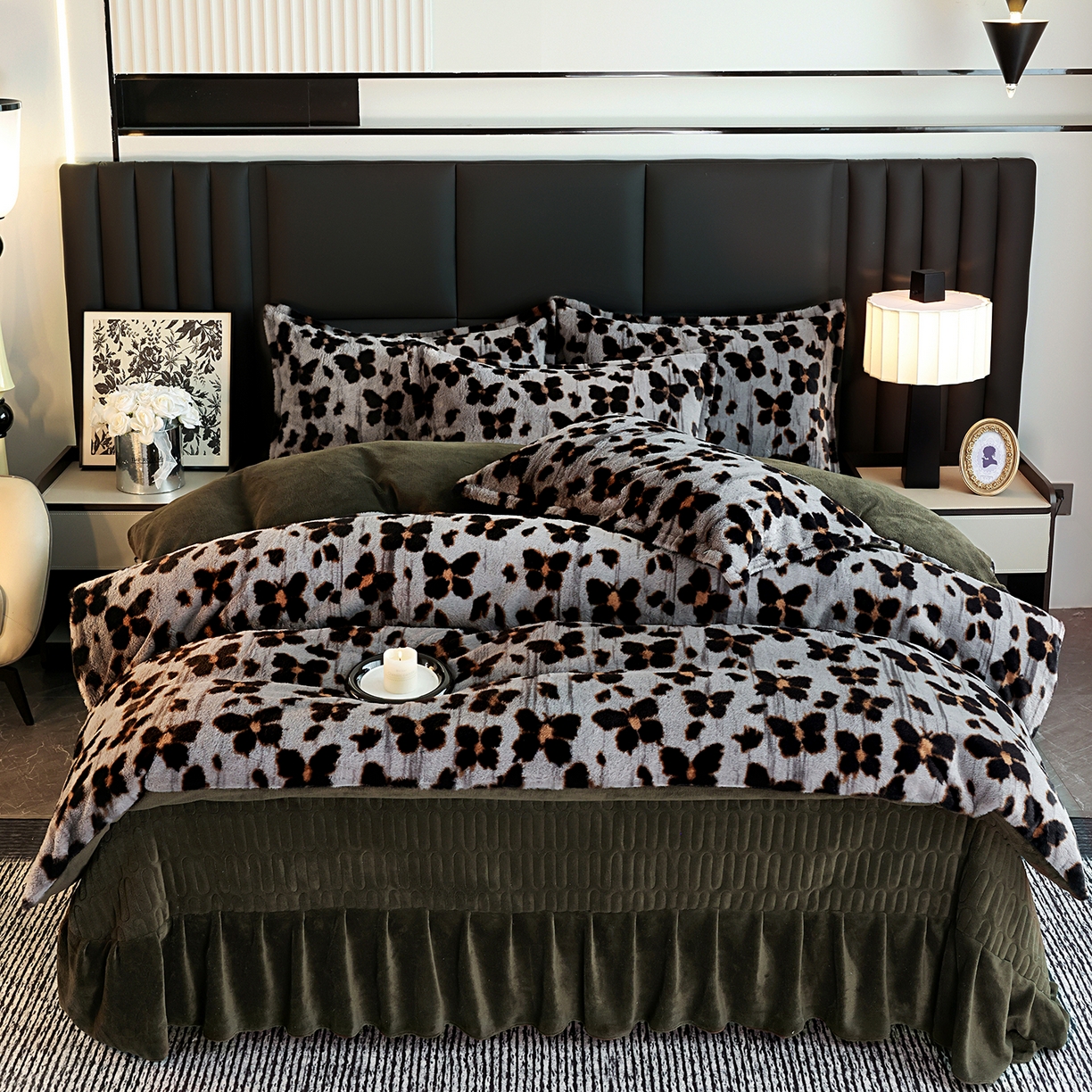 91家纺网 家纺一手货源 找家纺 提花大世界 2025新款轻奢法式加厚美拉德系列高克重兔绒牛奶绒床盖床单床笠款四件套 蝶豹-灰