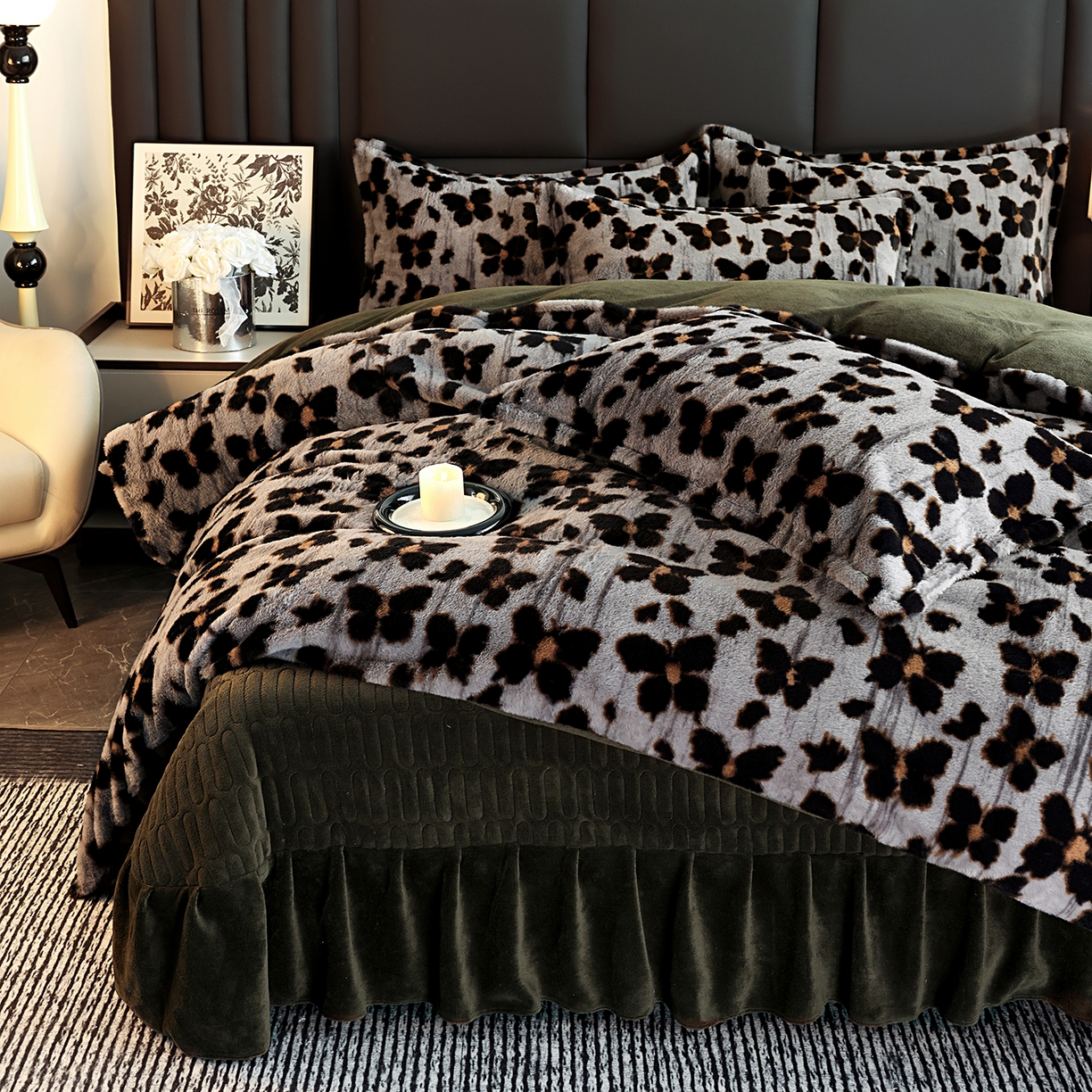 91家纺网 家纺一手货源 找家纺 提花大世界 2025新款轻奢法式加厚美拉德系列高克重兔绒牛奶绒床盖床单床笠款四件套 蝶豹-灰