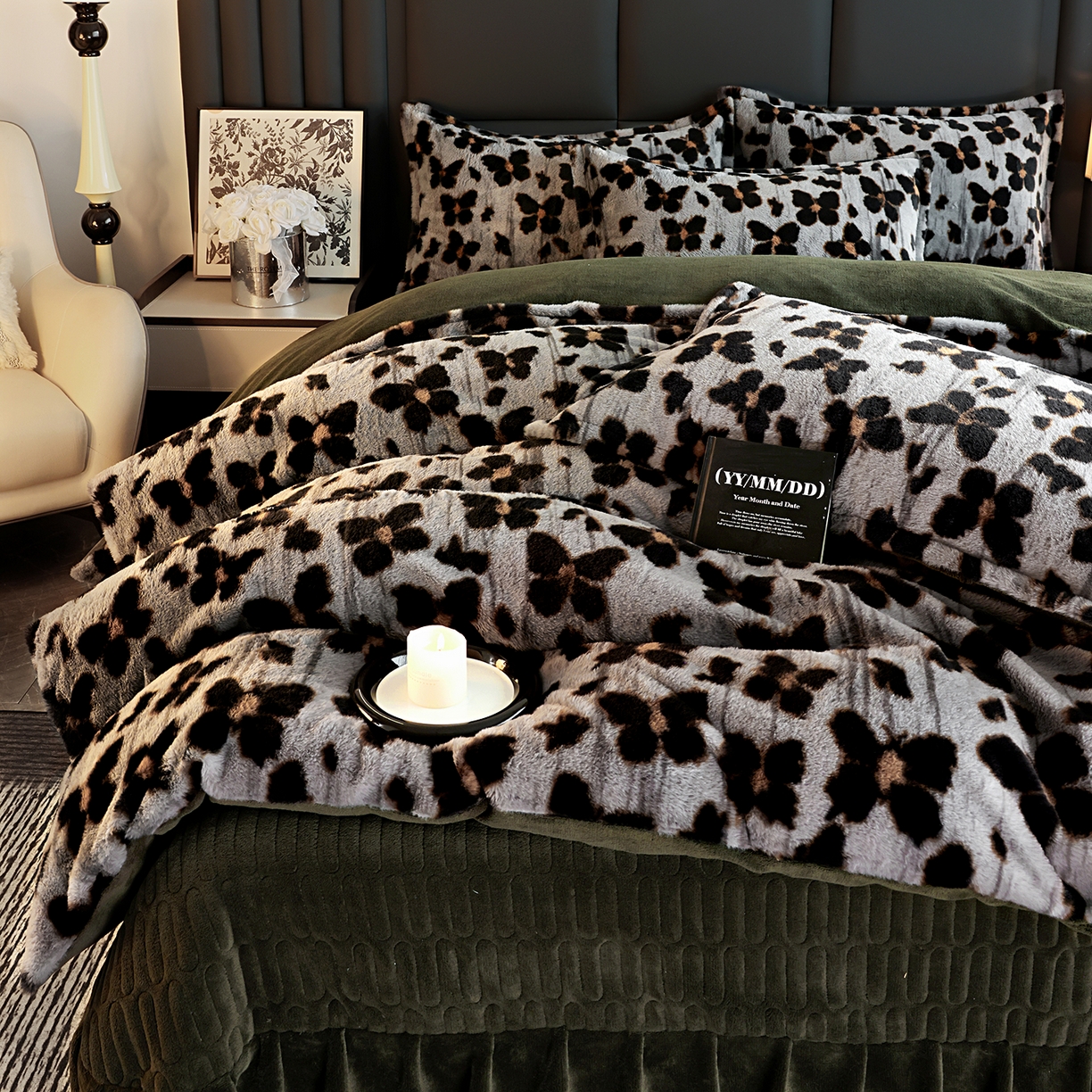 91家纺网 家纺一手货源 找家纺 提花大世界 2025新款轻奢法式加厚美拉德系列高克重兔绒牛奶绒床盖床单床笠款四件套 蝶豹-灰