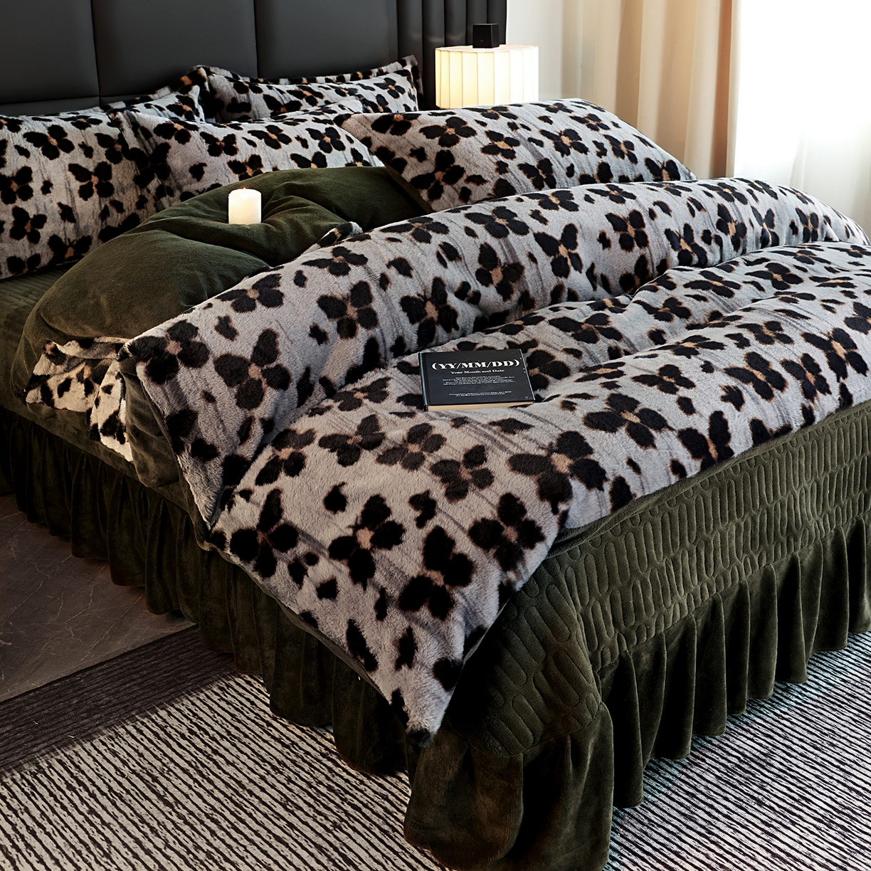 91家纺网 家纺一手货源 找家纺 提花大世界 2025新款轻奢法式加厚美拉德系列高克重兔绒牛奶绒床盖床单床笠款四件套 蝶豹-灰