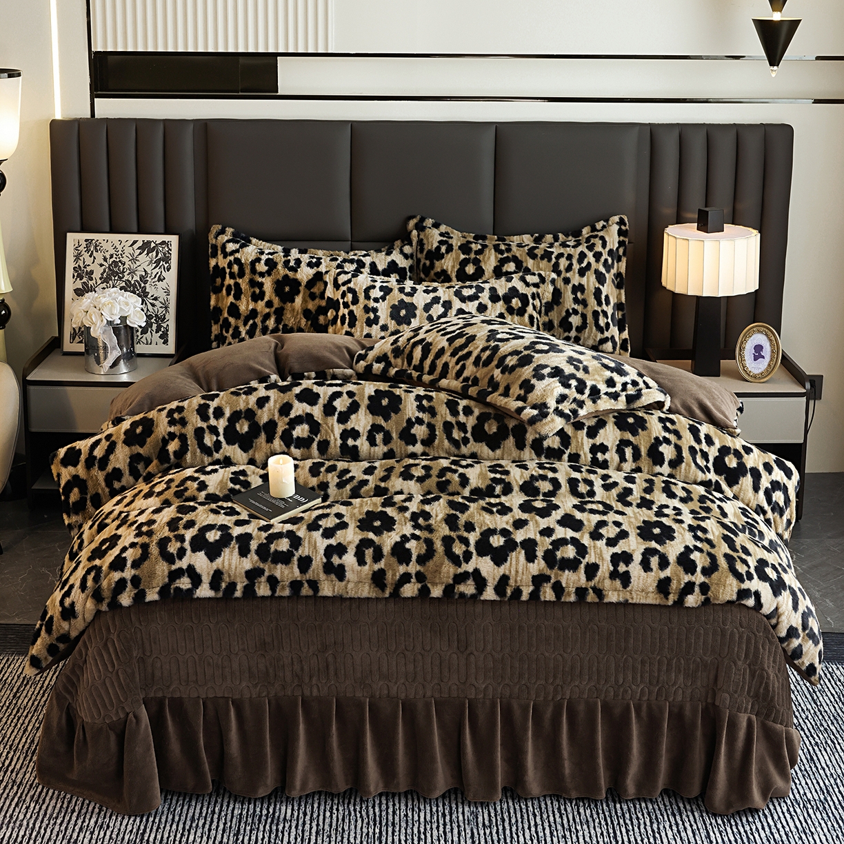 91家纺网 家纺一手货源 找家纺 提花大世界 2025新款轻奢法式加厚美拉德系列高克重兔绒牛奶绒床盖床单床笠款四件套 法式豹纹-咖