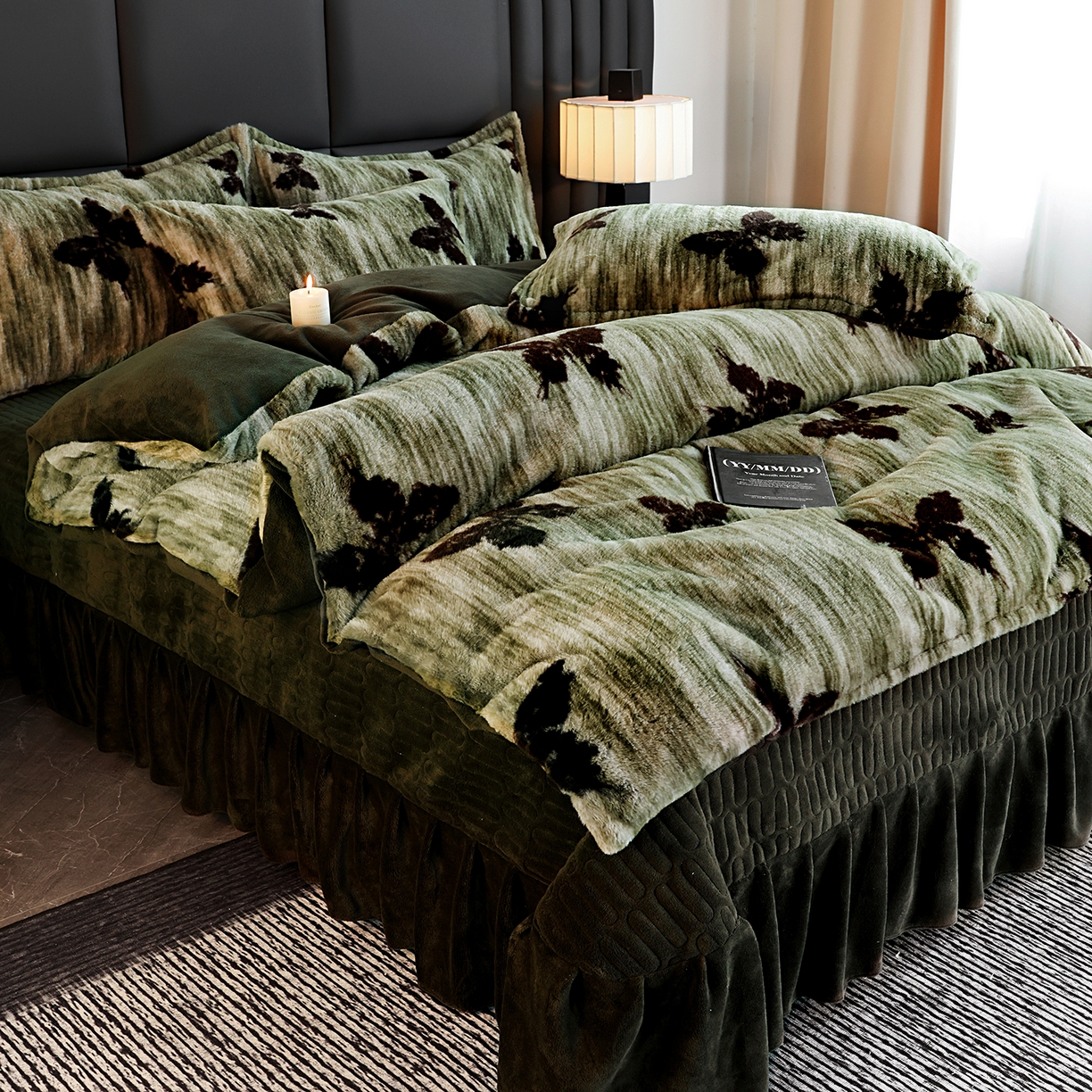 91家纺网 家纺一手货源 找家纺 提花大世界 2025新款轻奢法式加厚美拉德系列高克重兔绒牛奶绒床盖床单床笠款四件套 蝶舞-绿