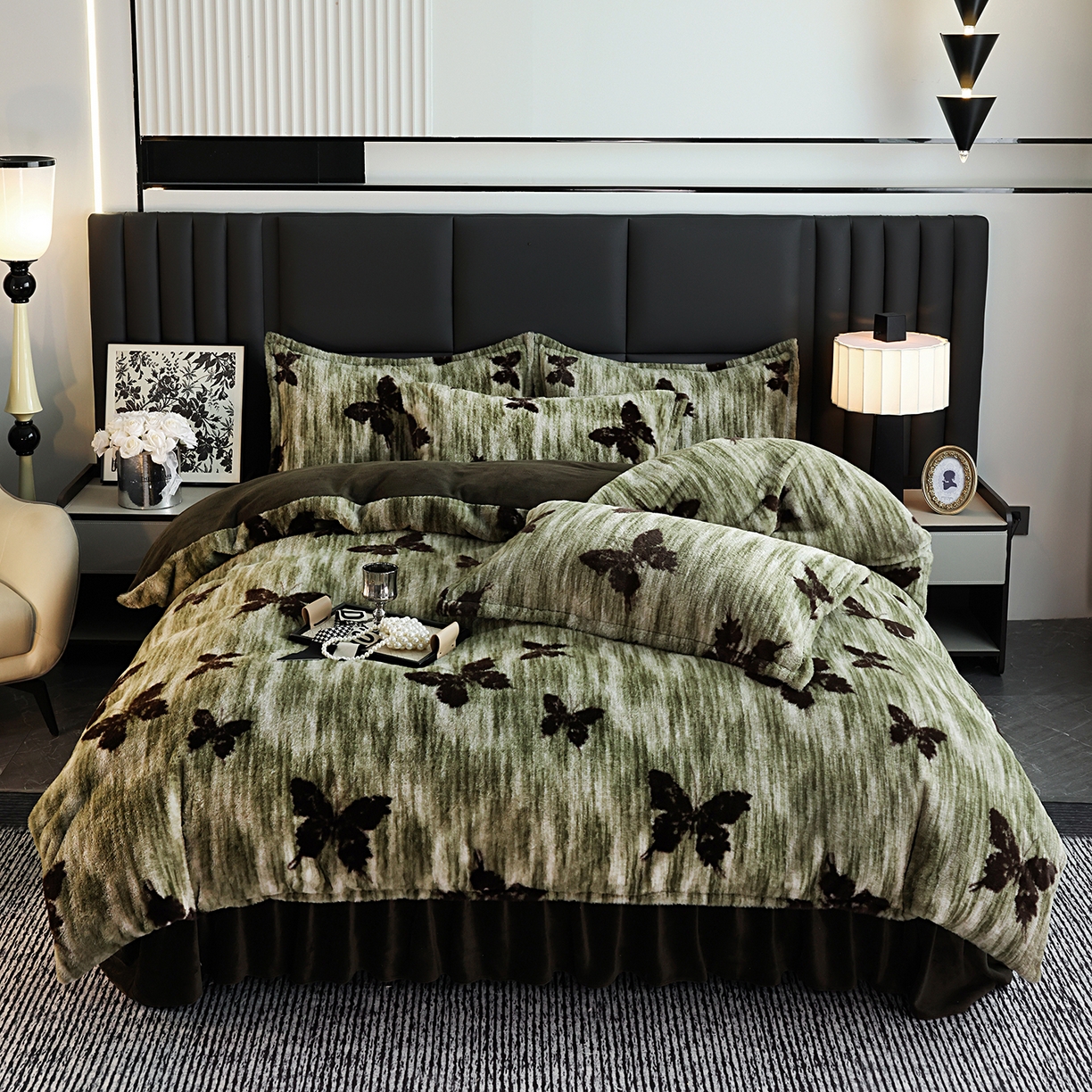 91家纺网 家纺一手货源 找家纺 提花大世界 2025新款轻奢法式加厚美拉德系列高克重兔绒牛奶绒床盖床单床笠款四件套 蝶舞-绿