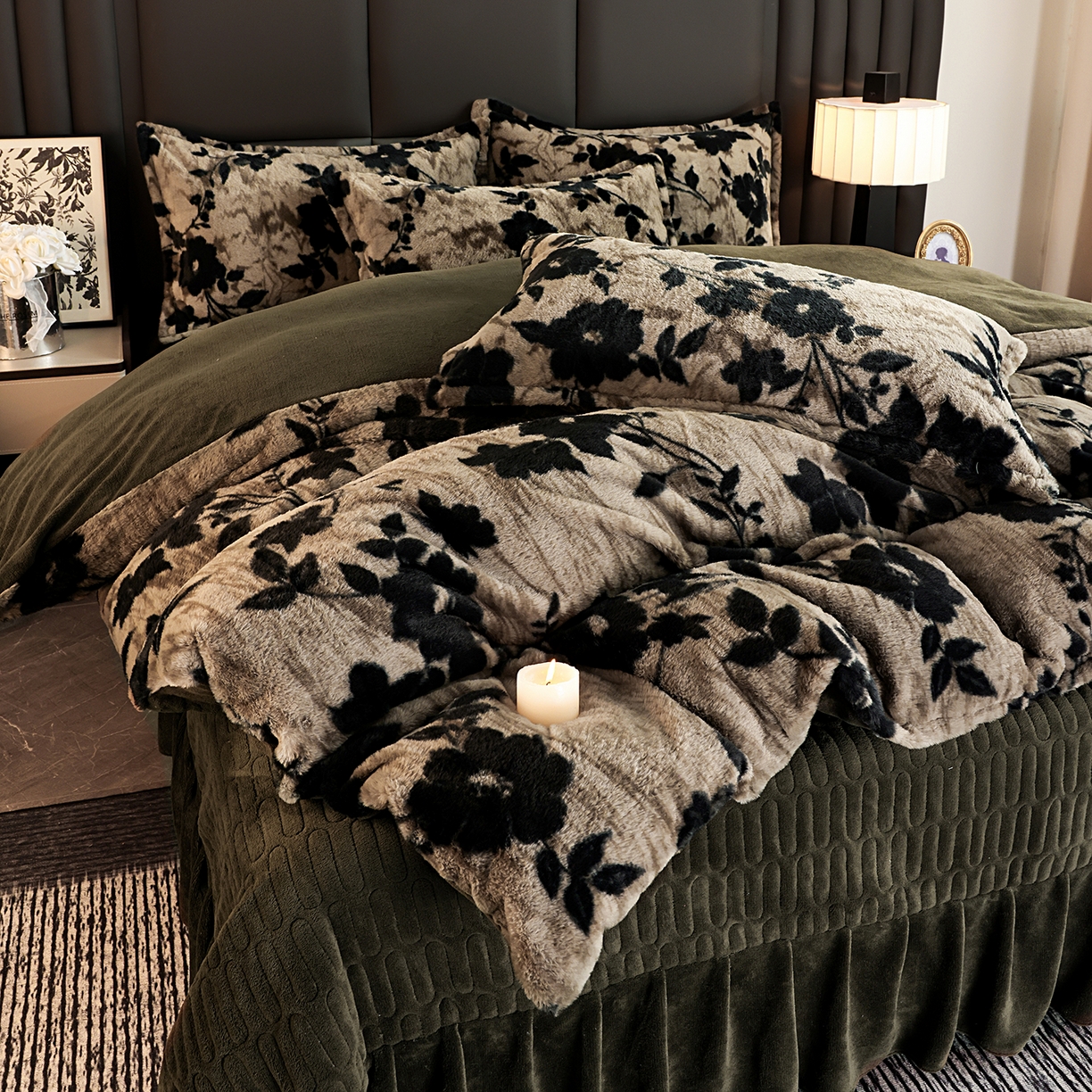 91家纺网 家纺一手货源 找家纺 提花大世界 2025新款轻奢法式加厚美拉德系列高克重兔绒牛奶绒床盖床单床笠款四件套 简爱-灰