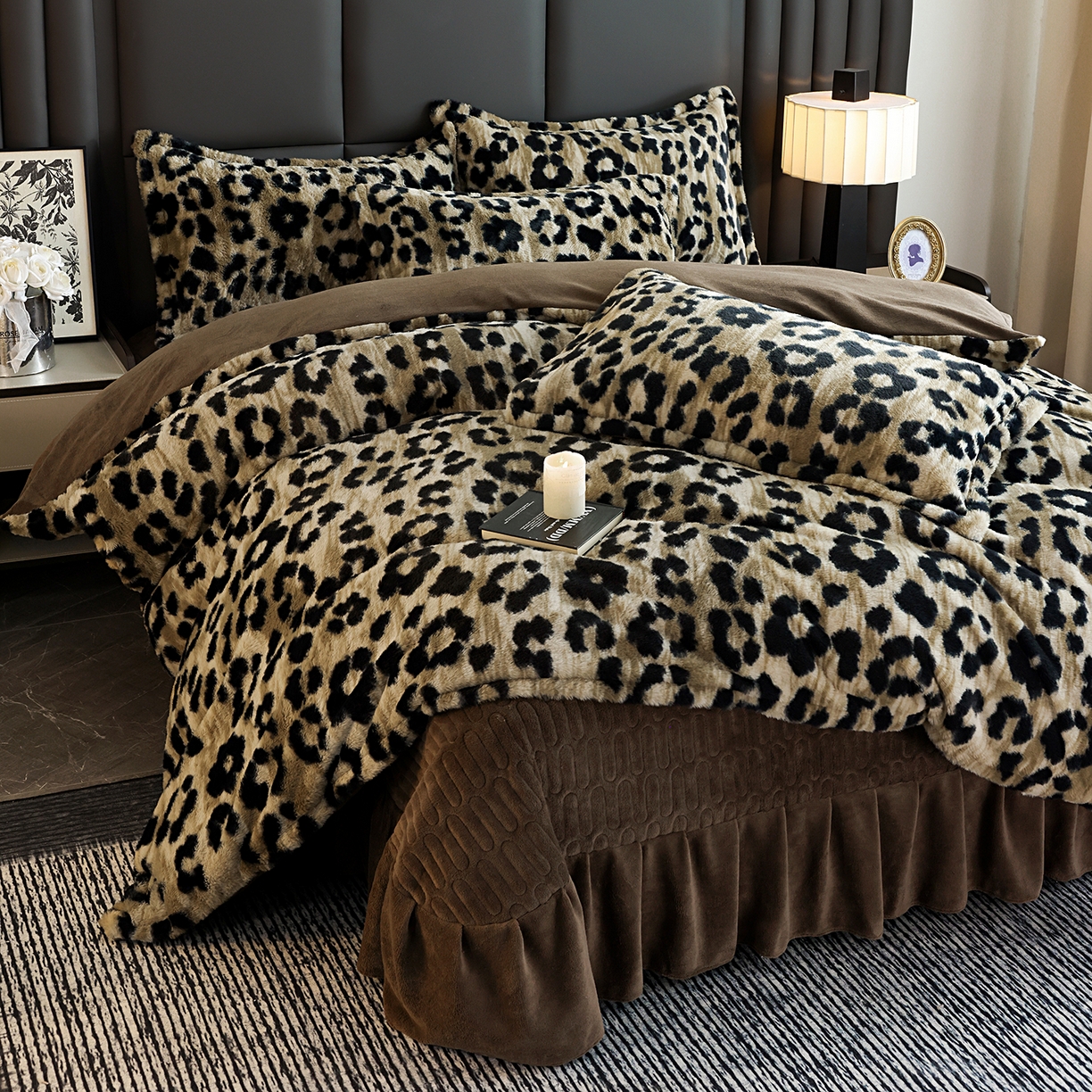 91家纺网 家纺一手货源 找家纺 提花大世界 2025新款轻奢法式加厚美拉德系列高克重兔绒牛奶绒床盖床单床笠款四件套 法式豹纹-咖