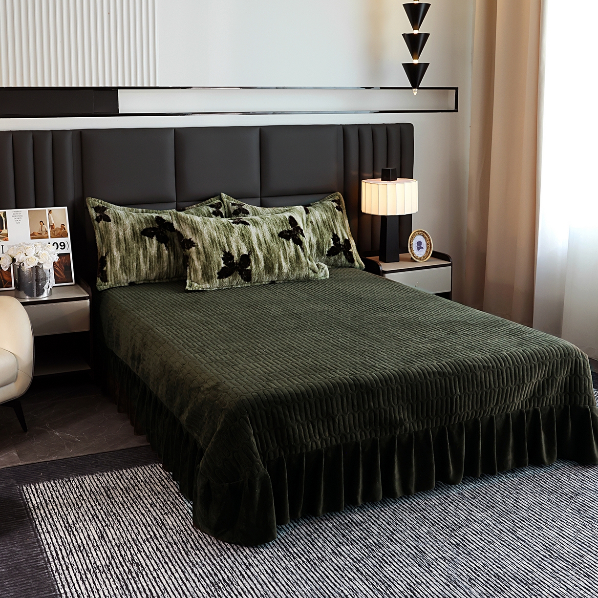 91家纺网 家纺一手货源 找家纺 提花大世界 2025新款轻奢法式加厚美拉德系列高克重兔绒牛奶绒床盖床单床笠款四件套 蝶舞-绿