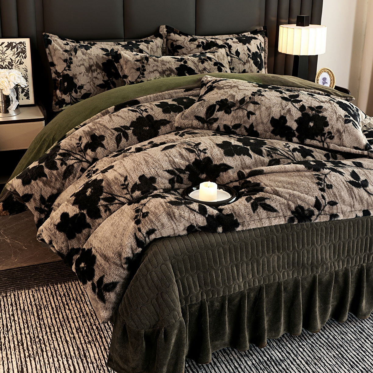 91家纺网 家纺一手货源 找家纺 提花大世界 2025新款轻奢法式加厚美拉德系列高克重兔绒牛奶绒床盖床单床笠款四件套 简爱-灰