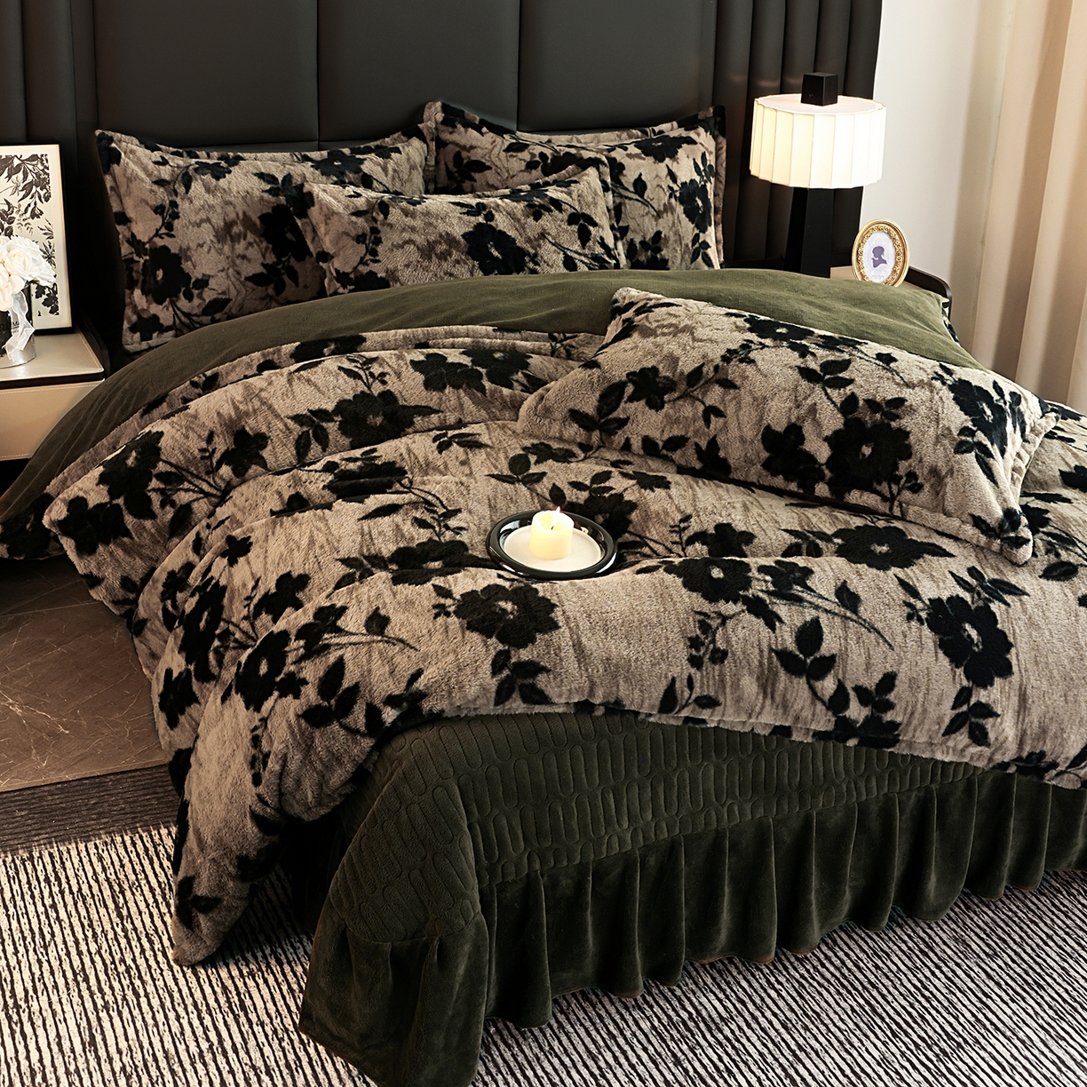 91家纺网 家纺一手货源 找家纺 提花大世界 2025新款轻奢法式加厚美拉德系列高克重兔绒牛奶绒床盖床单床笠款四件套 简爱-灰