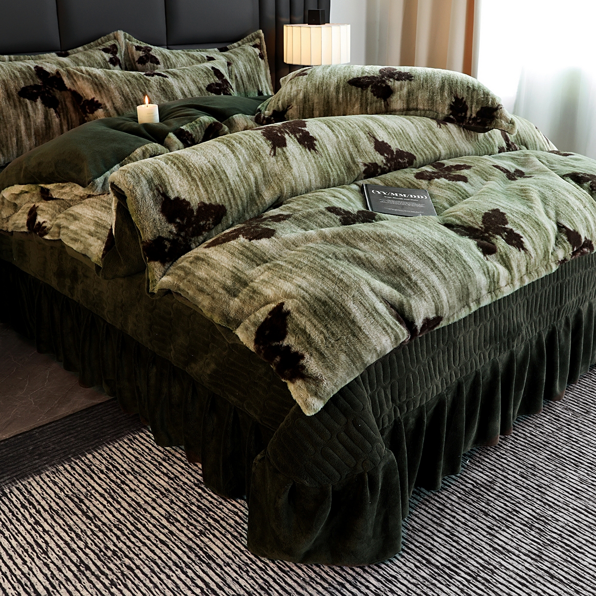 91家纺网 家纺一手货源 找家纺 提花大世界 2025新款轻奢法式加厚美拉德系列高克重兔绒牛奶绒床盖床单床笠款四件套 蝶舞-绿