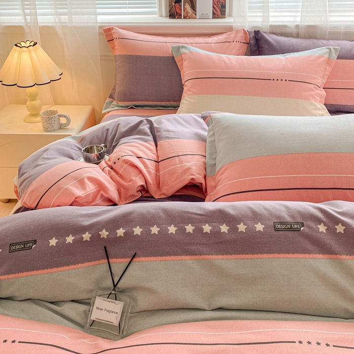 91家纺网 家纺一手货源 找家纺 小叮当家纺仓储工厂店 2025新款（买家秀 不断货）A类全棉纯棉磨毛单被套 被套单件 条纹星星-粉