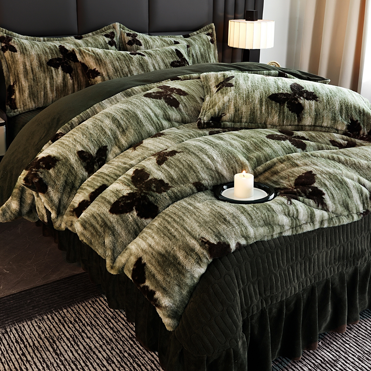 91家纺网 家纺一手货源 找家纺 提花大世界 2025新款轻奢法式加厚美拉德系列高克重兔绒牛奶绒床盖床单床笠款四件套 蝶舞-绿