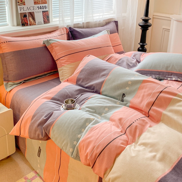 91家纺网 家纺一手货源 找家纺 小叮当家纺仓储工厂店 2025新款（买家秀 不断货）A类全棉纯棉磨毛单被套 被套单件 条纹星星-粉