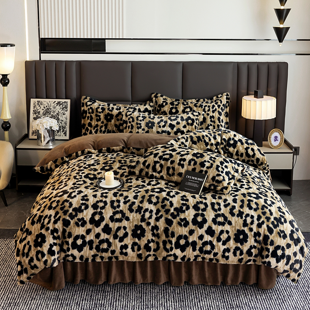 91家纺网 家纺一手货源 找家纺 提花大世界 2025新款轻奢法式加厚美拉德系列高克重兔绒牛奶绒床盖床单床笠款四件套 法式豹纹-咖