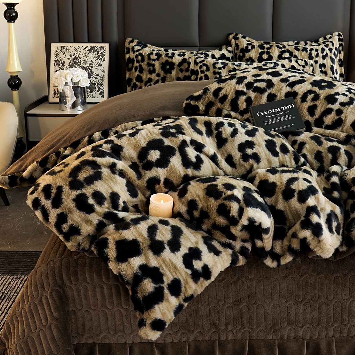 91家纺网 家纺一手货源 找家纺 提花大世界 2025新款轻奢法式加厚美拉德系列高克重兔绒牛奶绒床盖床单床笠款四件套 法式豹纹-咖