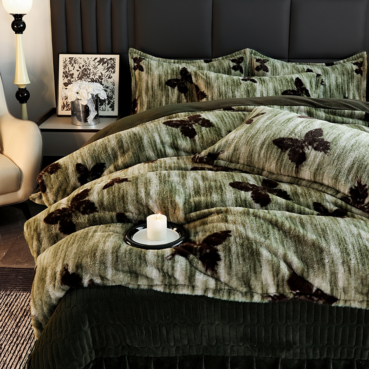 91家纺网 家纺一手货源 找家纺 提花大世界 2025新款轻奢法式加厚美拉德系列高克重兔绒牛奶绒床盖床单床笠款四件套 蝶舞-绿