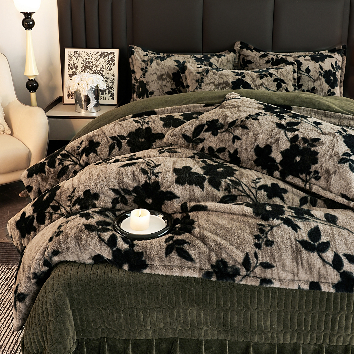 91家纺网 家纺一手货源 找家纺 提花大世界 2025新款轻奢法式加厚美拉德系列高克重兔绒牛奶绒床盖床单床笠款四件套 简爱-灰