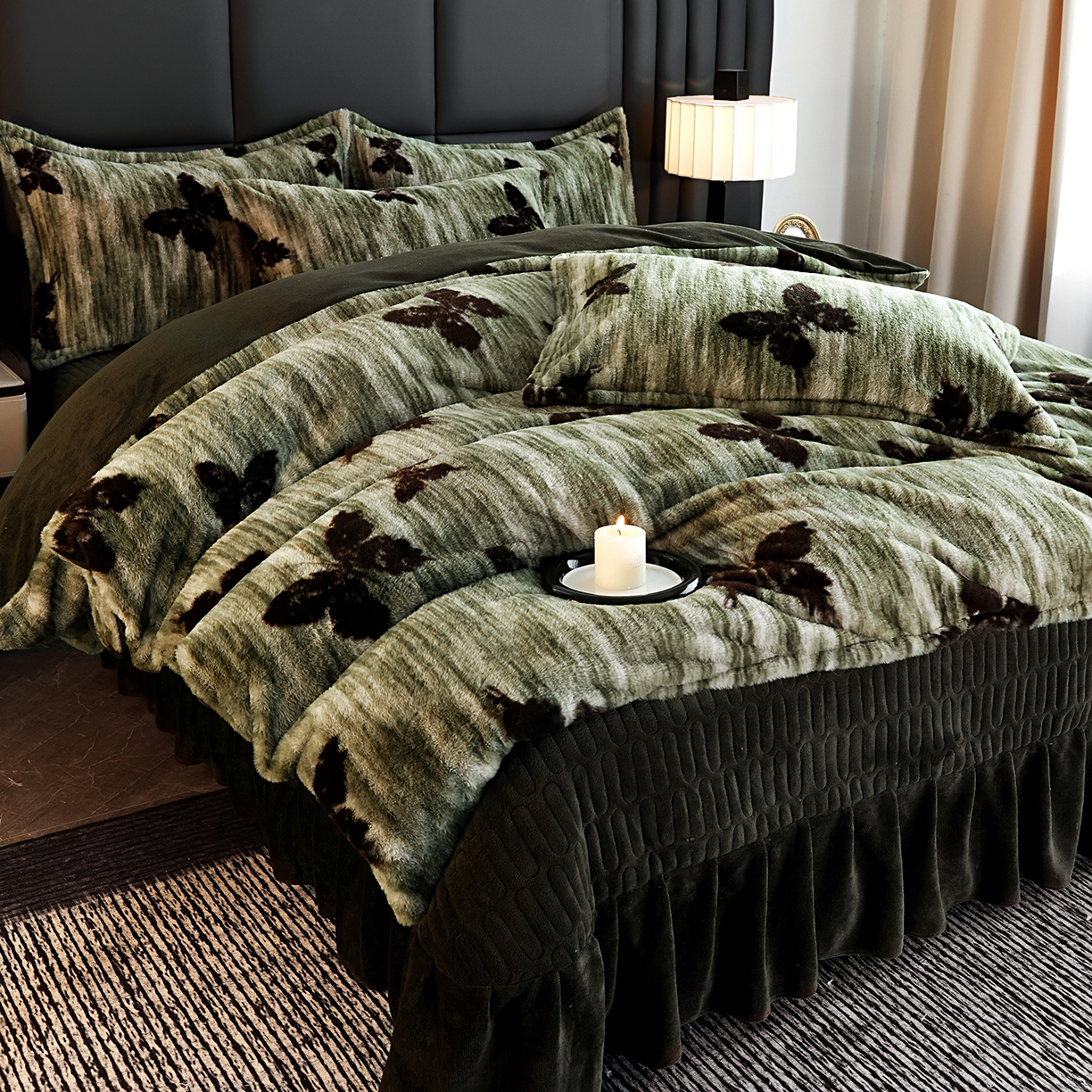 91家纺网 家纺一手货源 找家纺 提花大世界 2025新款轻奢法式加厚美拉德系列高克重兔绒牛奶绒床盖床单床笠款四件套 蝶舞-绿