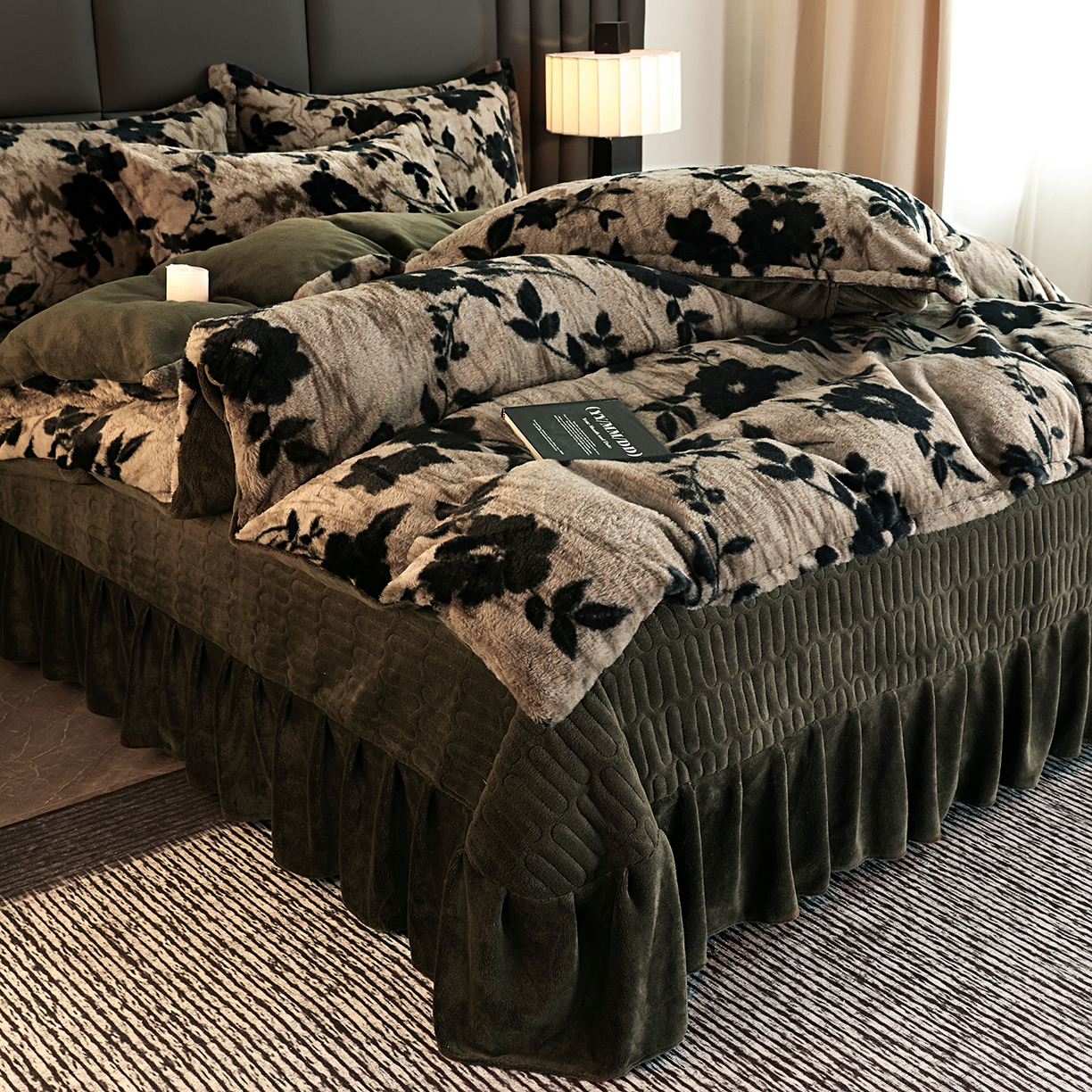 91家纺网 家纺一手货源 找家纺 提花大世界 2025新款轻奢法式加厚美拉德系列高克重兔绒牛奶绒床盖床单床笠款四件套 简爱-灰