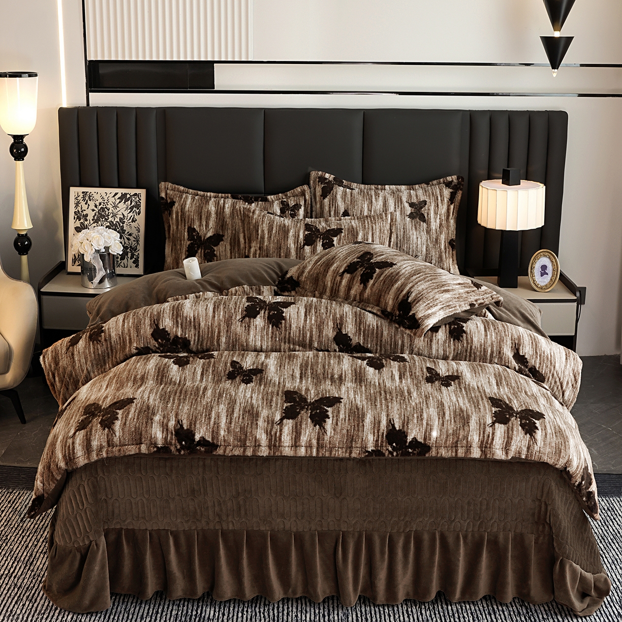 91家纺网 家纺一手货源 找家纺 提花大世界 2025新款轻奢法式加厚美拉德系列高克重兔绒牛奶绒床盖床单床笠款四件套 蝶舞-咖