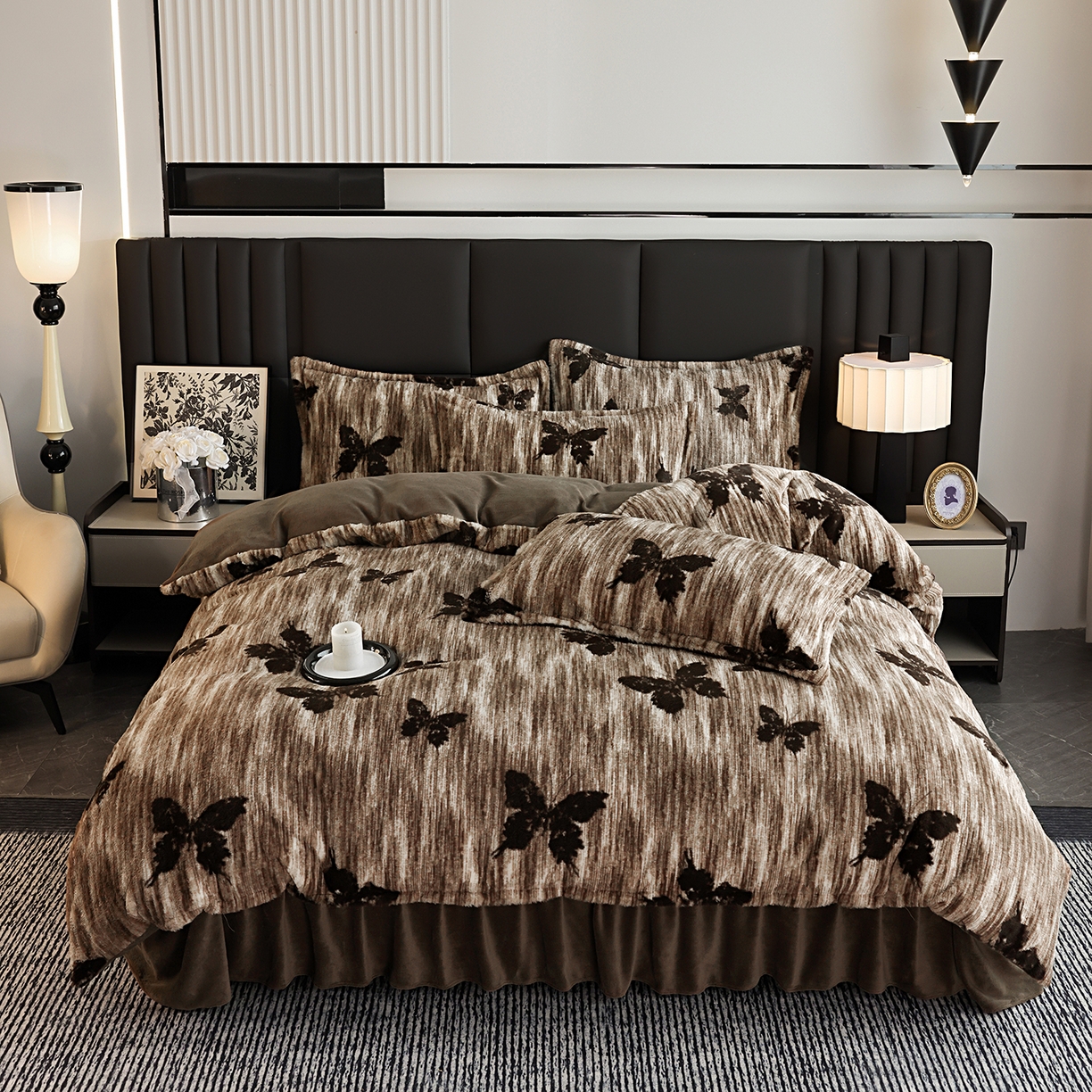 91家纺网 家纺一手货源 找家纺 提花大世界 2025新款轻奢法式加厚美拉德系列高克重兔绒牛奶绒床盖床单床笠款四件套 蝶舞-咖