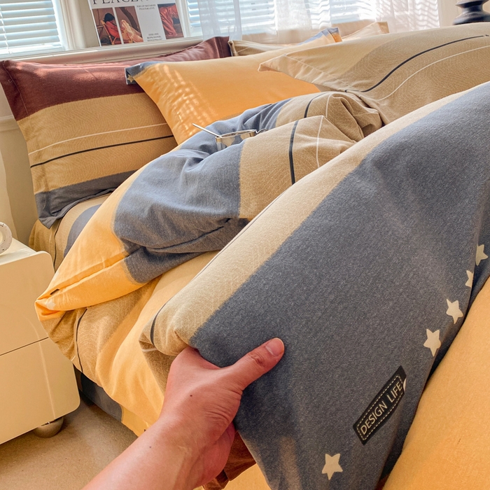 91家纺网 家纺一手货源 找家纺 小叮当家纺仓储工厂店 2025新款（买家秀 不断货）A类全棉纯棉磨毛单被套 被套单件 条纹星星-黄